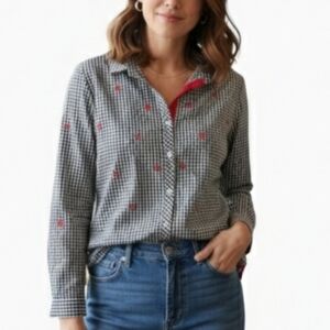 Rafaella Black White Gingham Button Up Shirt Red Cherry Embroidery Size L